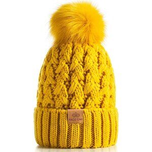 Women’s Yellow Winter Ribbed Beanie Hat Chunky Cable Knit Pompom Warm